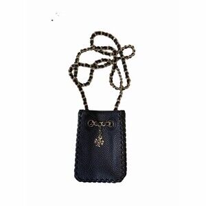 Tory Burch Phone Crossbody Bag Black Pebbled  Leather With Gold Chain Strap